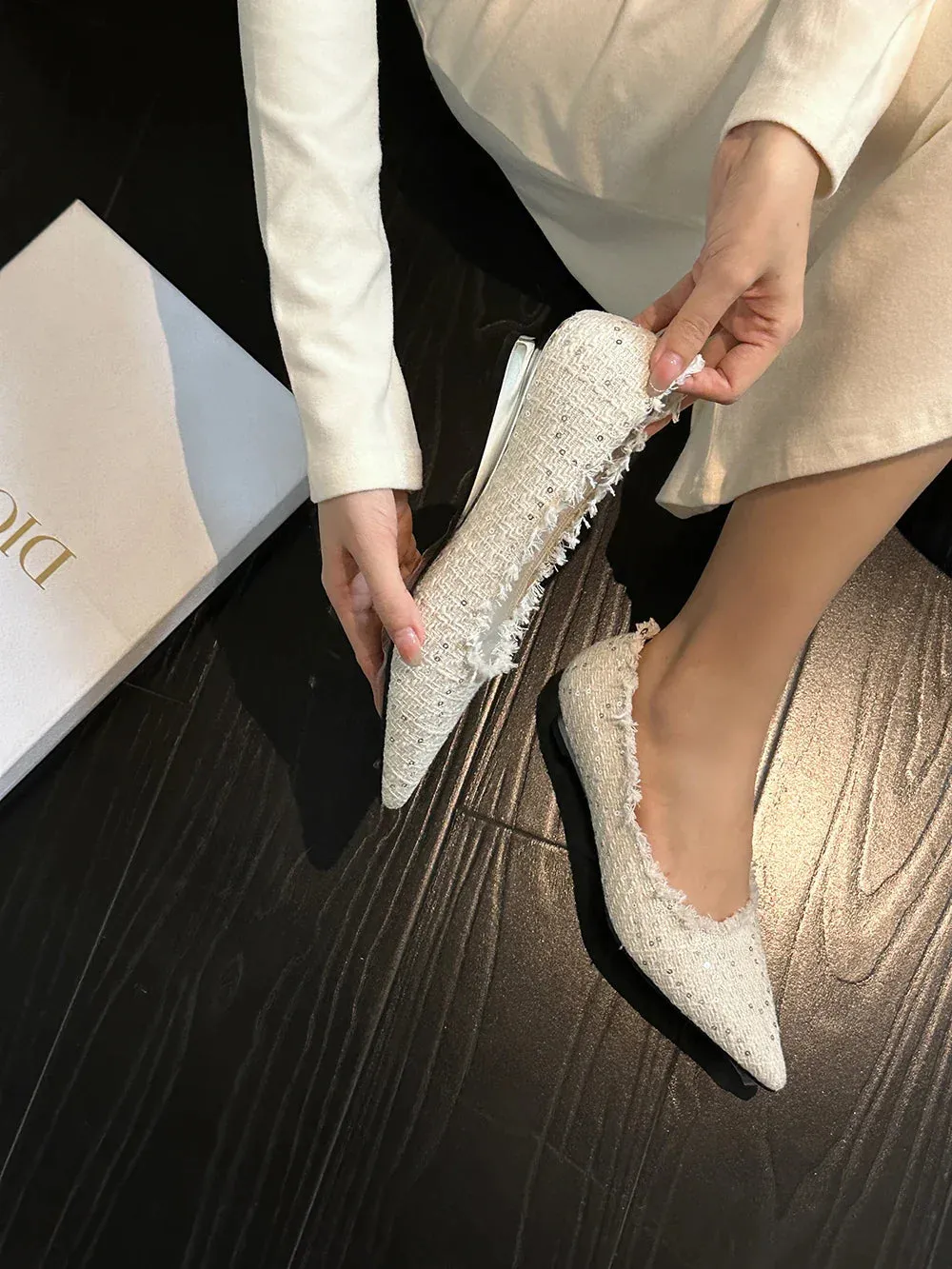 binfenxie  - Pointed Toe Women Loafers Casual Mules Shoes Shallow Slip On Sequined Cloth Autumn Spring Party Dress Casual Party Pumps 35-39