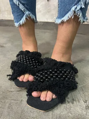 Black Pearl Fringe Slippers
