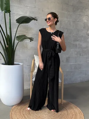 BLACK TAPE Plisse Belted Waist Jumpsuit