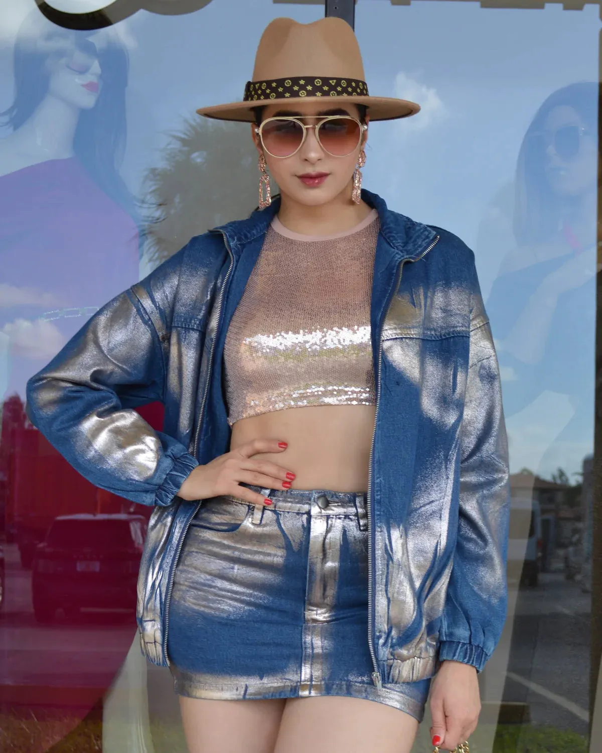 Casual Chic Denim Metallic Skirt Set