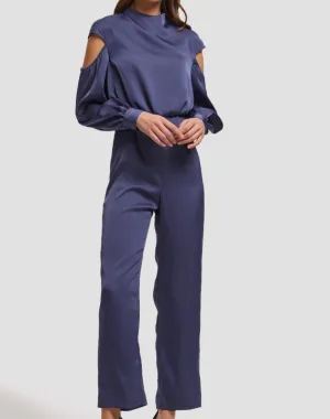 Elegant Blue Satin Jumpsuit with Shoulder Details