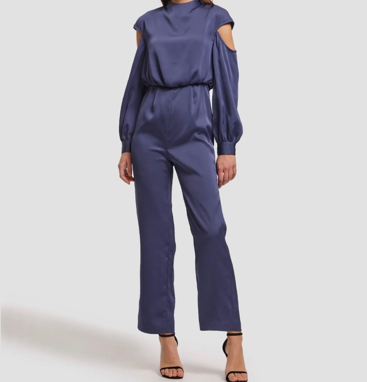 Elegant Blue Satin Jumpsuit with Shoulder Details