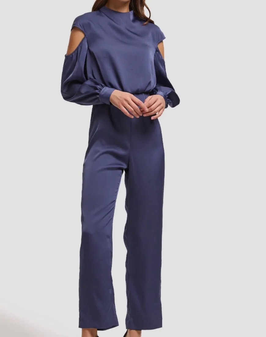 Elegant Blue Satin Jumpsuit with Shoulder Details
