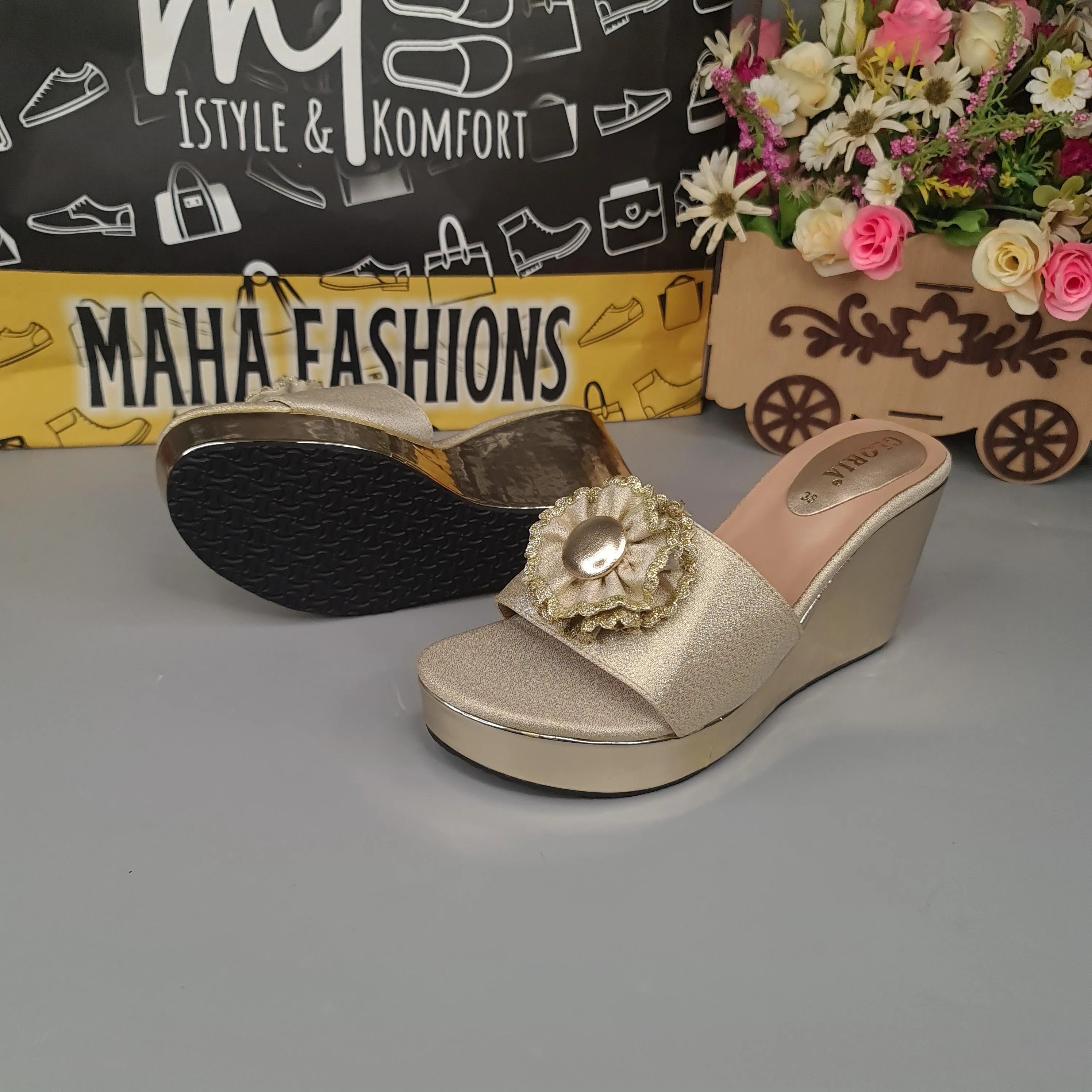 Golden Wedge Slippers