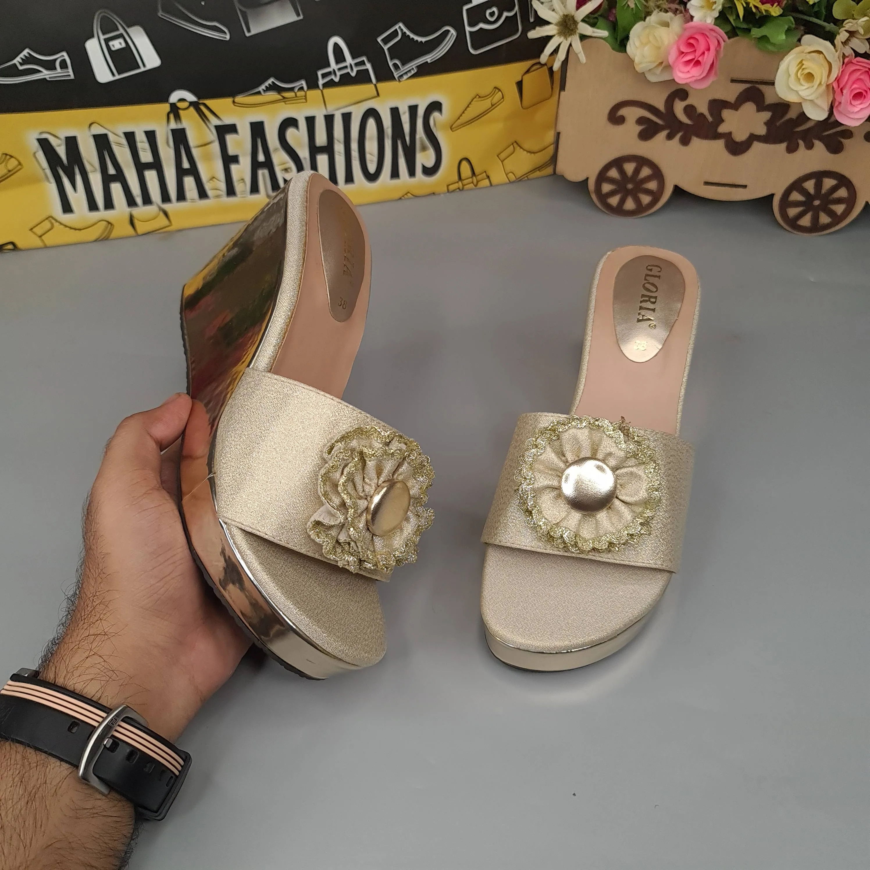 Golden Wedge Slippers