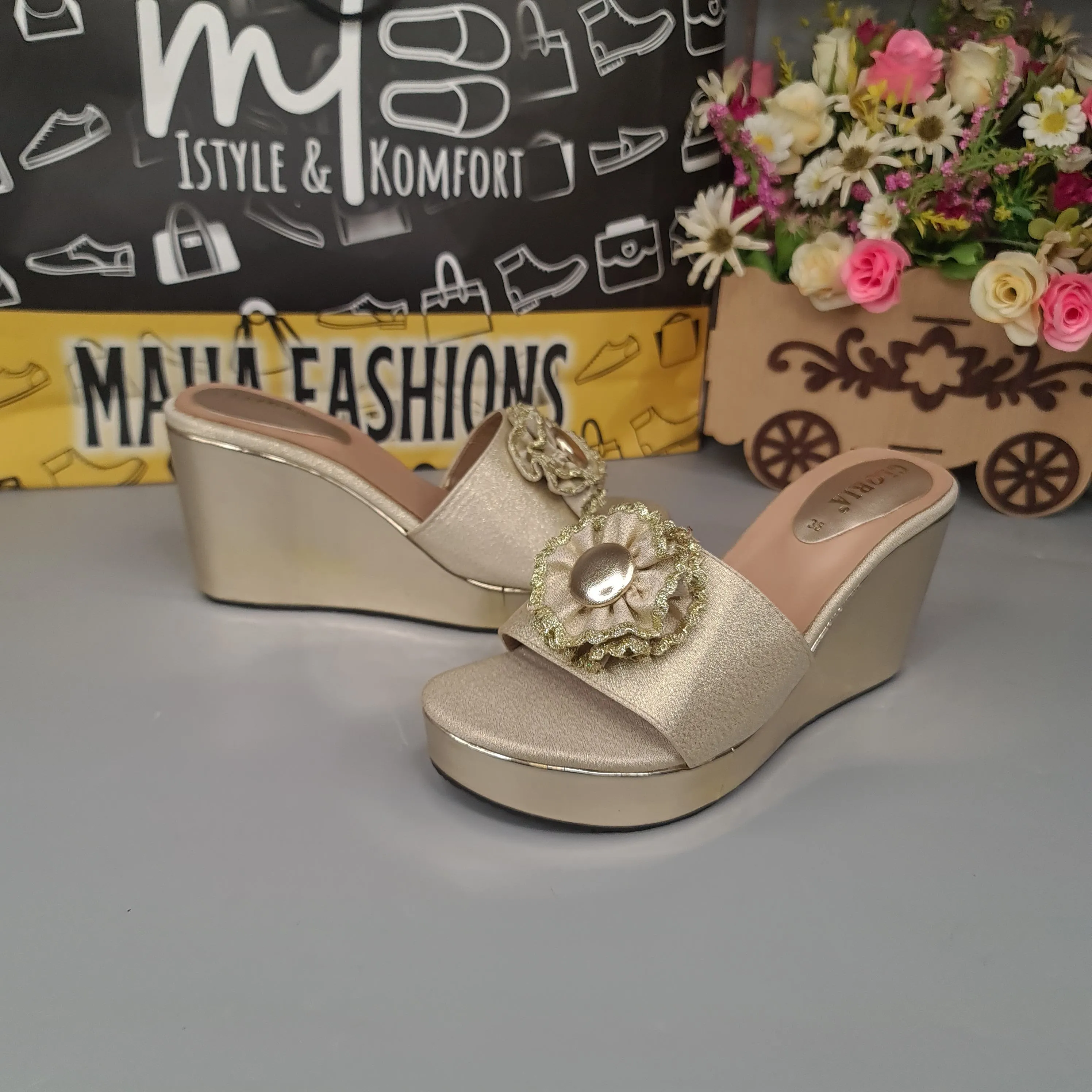 Golden Wedge Slippers