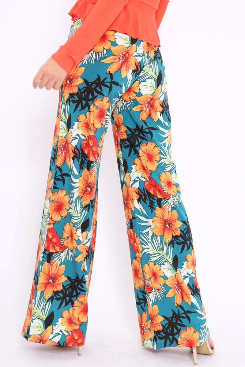 Green Floral High Waist Flare Trousers - Tisha