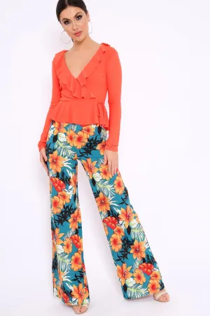 Green Floral High Waist Flare Trousers - Tisha
