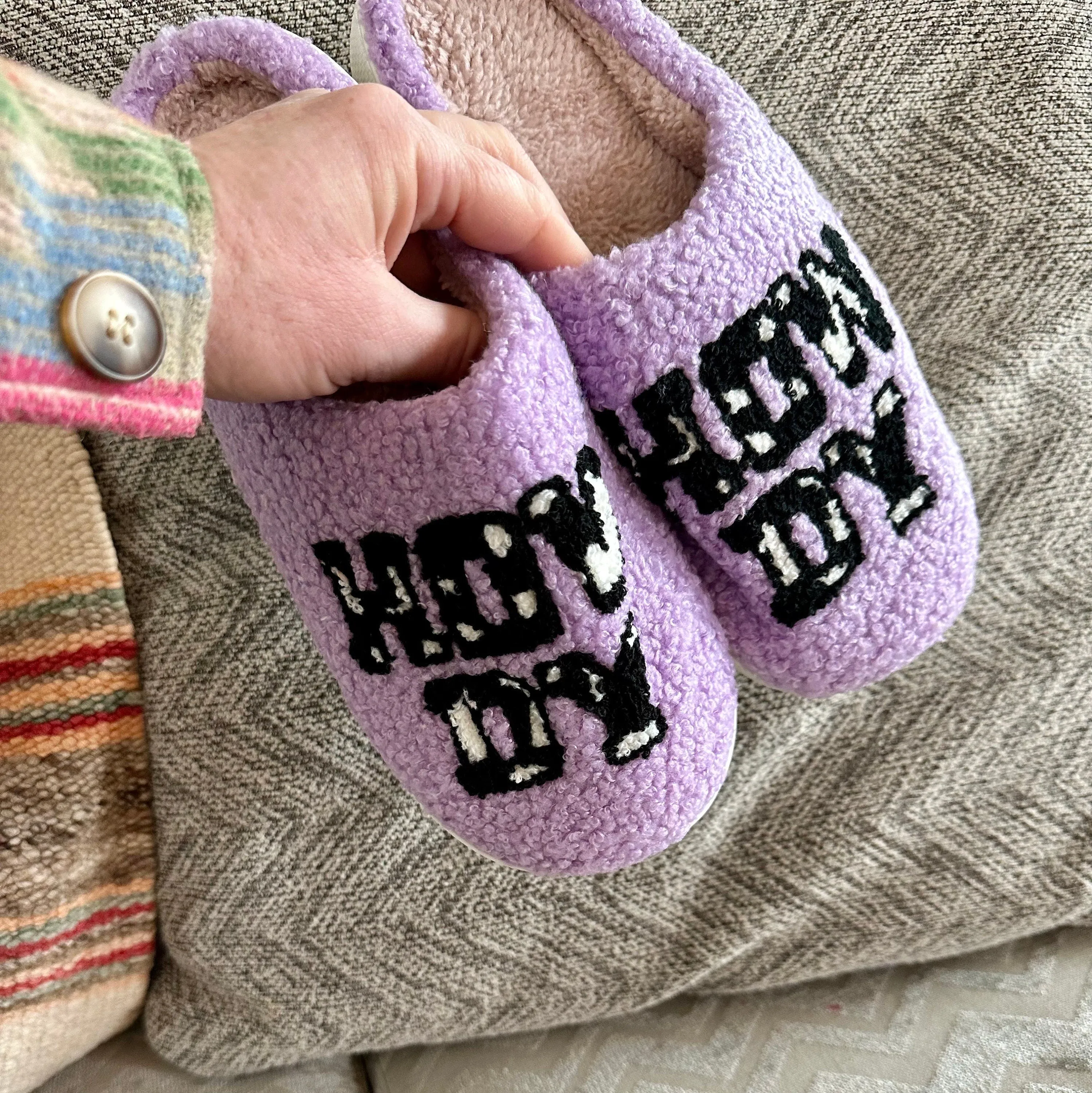 Howdy Cowgirl Slippers - Western-Inspired Cow Print Slippers, Perfect Gift for Her | Purple 'Howdy' Design"