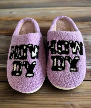 Howdy Cowgirl Slippers - Western-Inspired Cow Print Slippers, Perfect Gift for Her | Purple 'Howdy' Design"