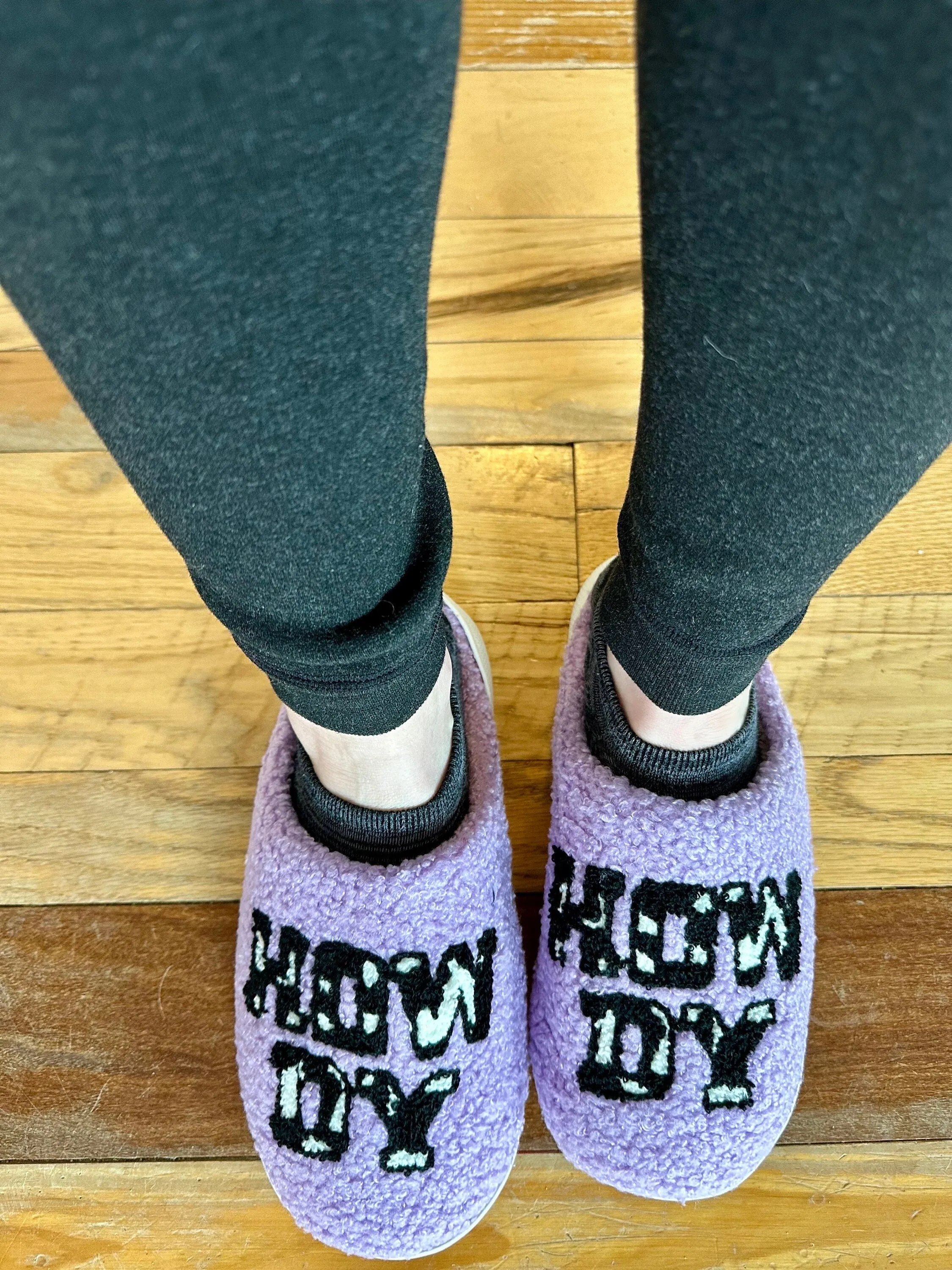 Howdy Cowgirl Slippers - Western-Inspired Cow Print Slippers, Perfect Gift for Her | Purple 'Howdy' Design"
