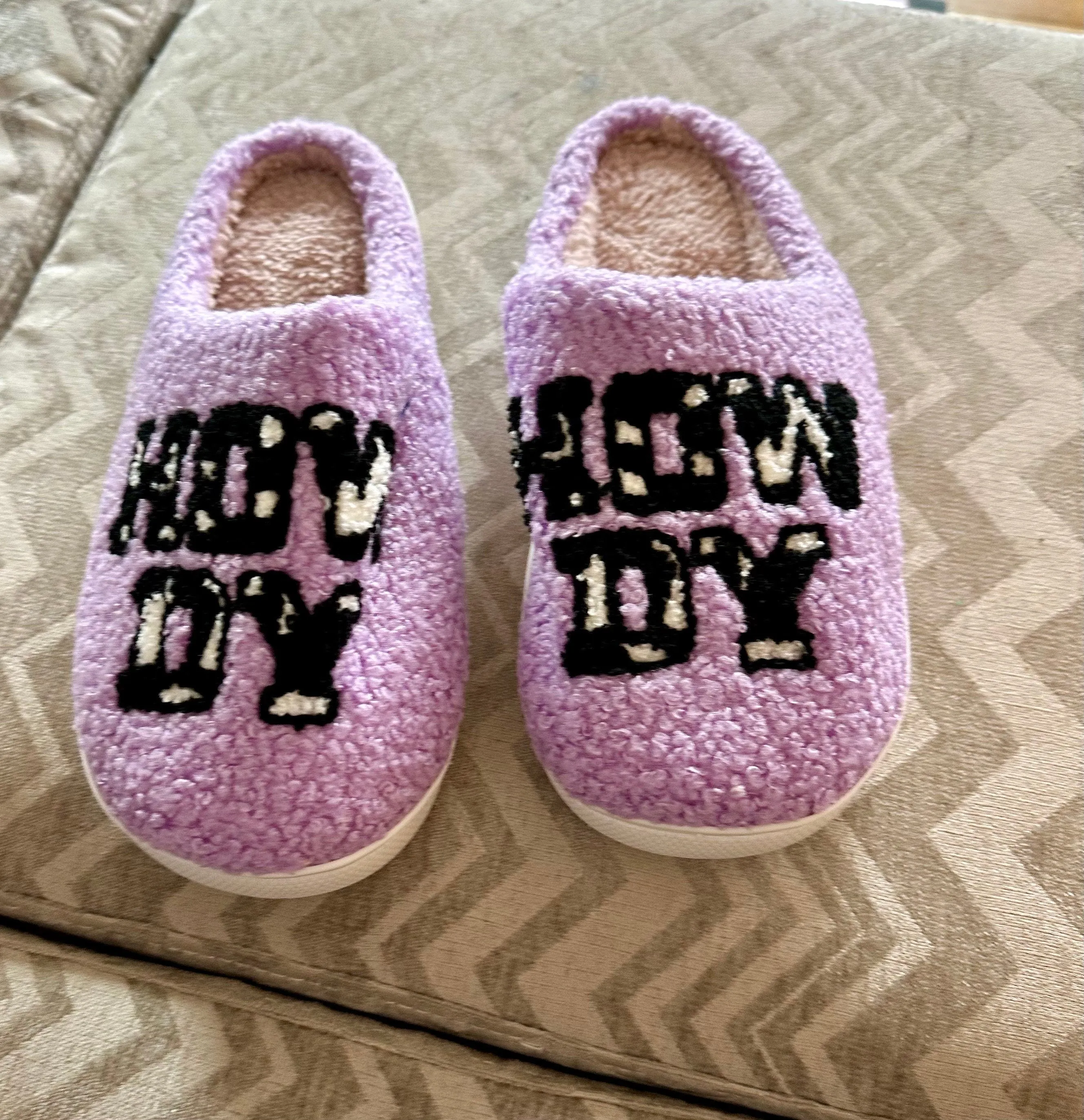 Howdy Cowgirl Slippers - Western-Inspired Cow Print Slippers, Perfect Gift for Her | Purple 'Howdy' Design"