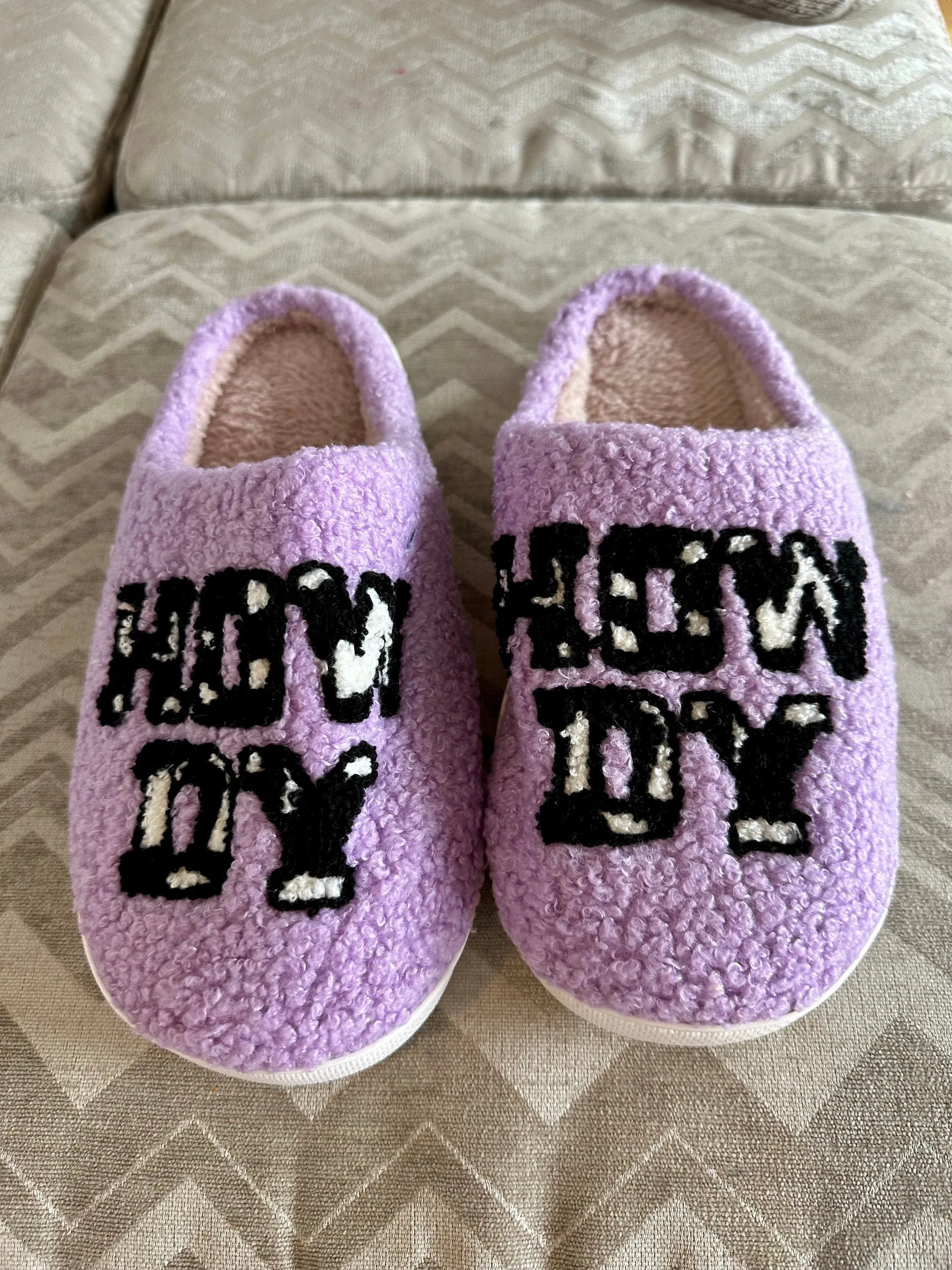 Howdy Cowgirl Slippers - Western-Inspired Cow Print Slippers, Perfect Gift for Her | Purple 'Howdy' Design"
