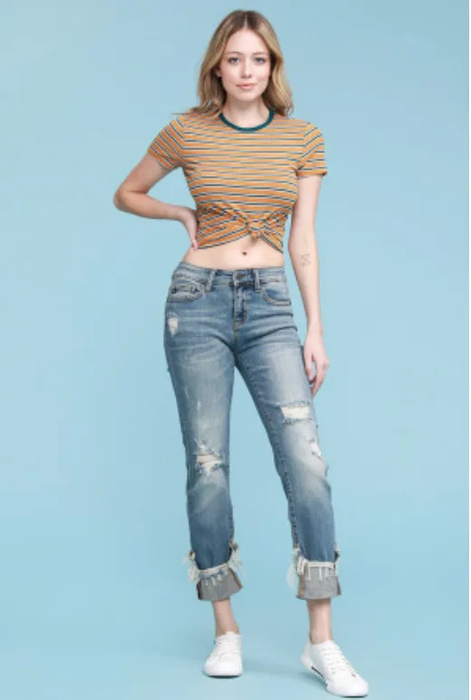 Judy Blue Mid Rise Destroyed Cuffed Relaxed Fit Jeans