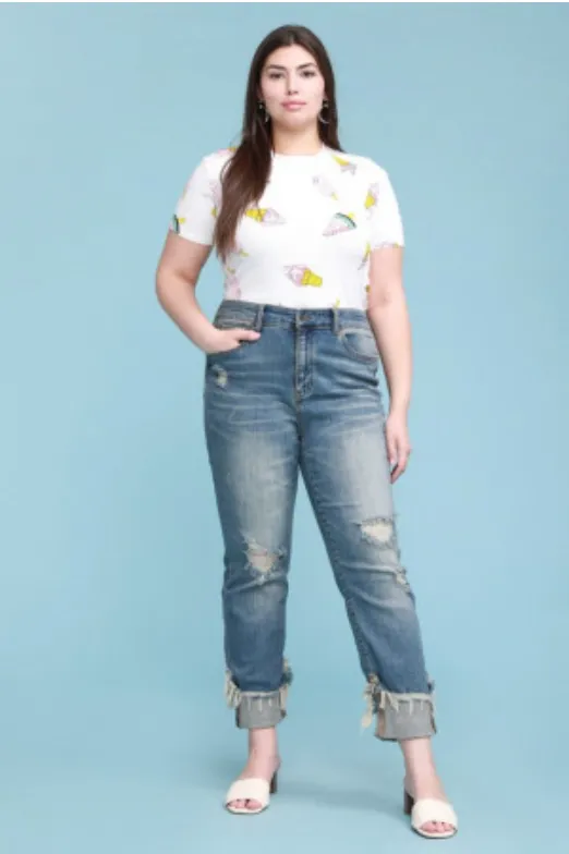 Judy Blue Mid Rise Destroyed Cuffed Relaxed Fit Jeans