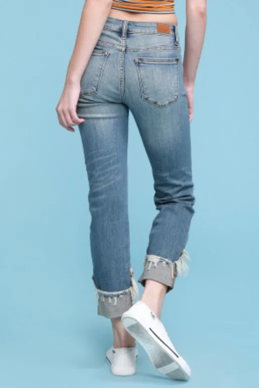 Judy Blue Mid Rise Destroyed Cuffed Relaxed Fit Jeans