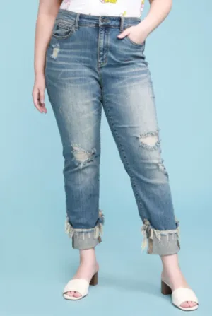 Judy Blue Mid Rise Destroyed Cuffed Relaxed Fit Jeans