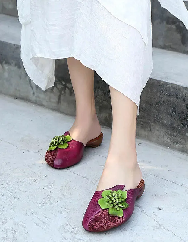 Leather Flower Retro Slippers