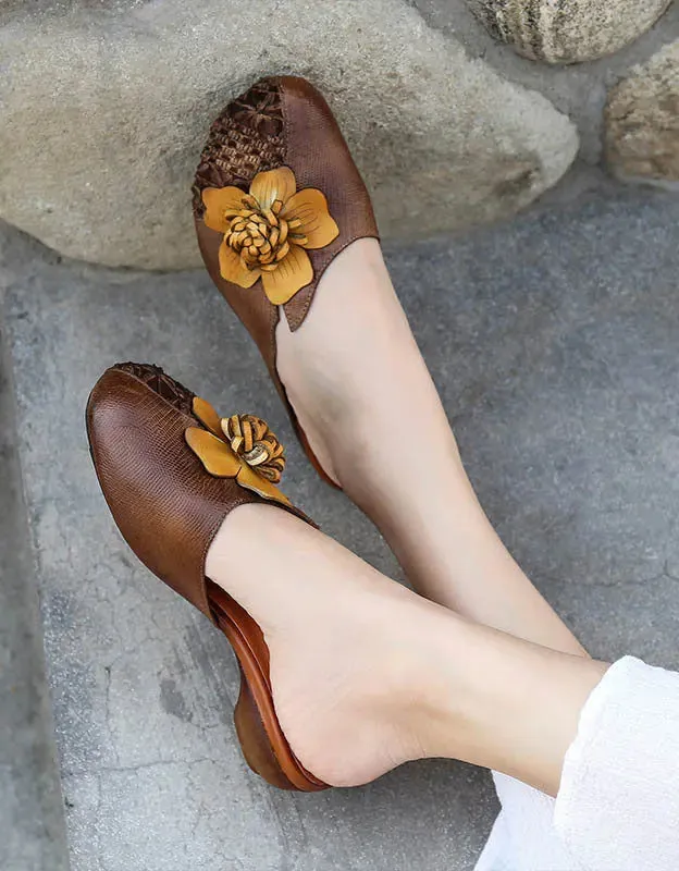 Leather Flower Retro Slippers