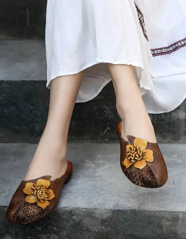 Leather Flower Retro Slippers