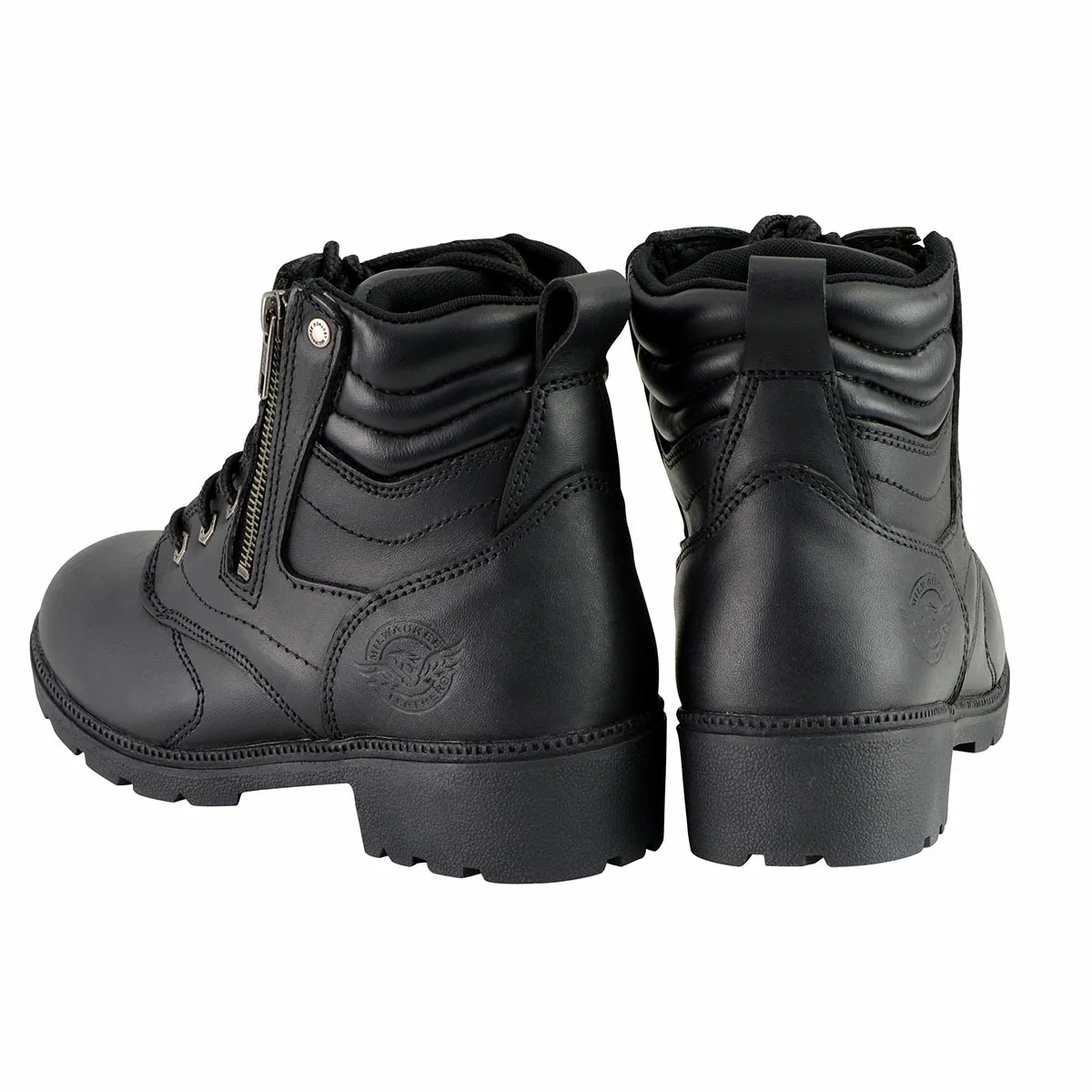 MBL9320 Women's Black Leather Lace-Up Moto Boots with Side Zipper