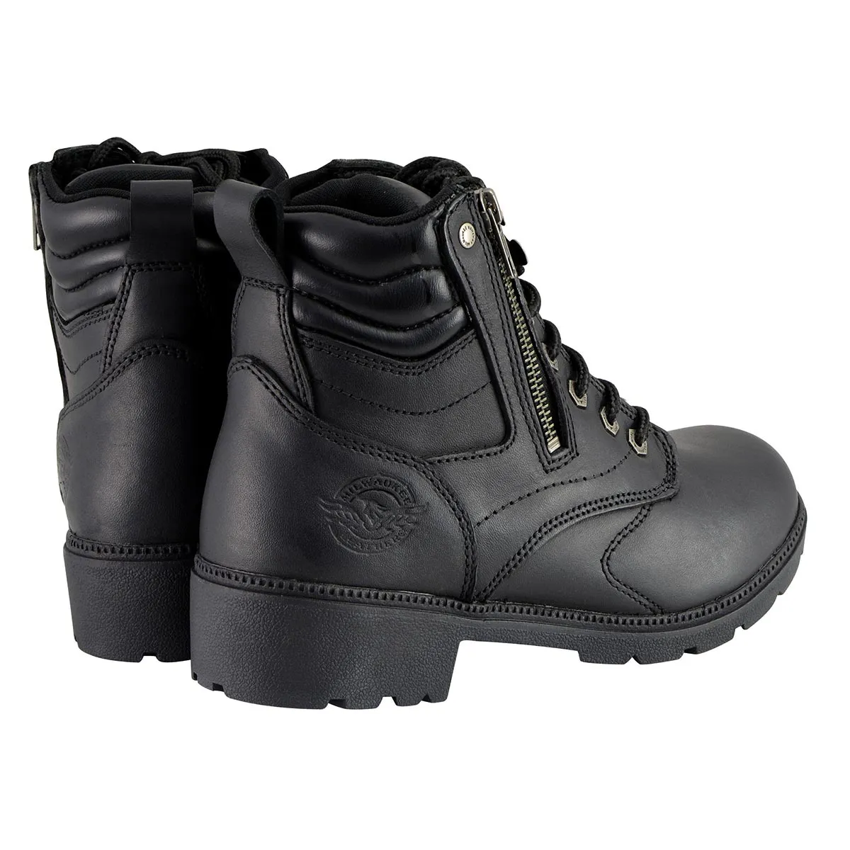 MBL9320 Women's Black Leather Lace-Up Moto Boots with Side Zipper