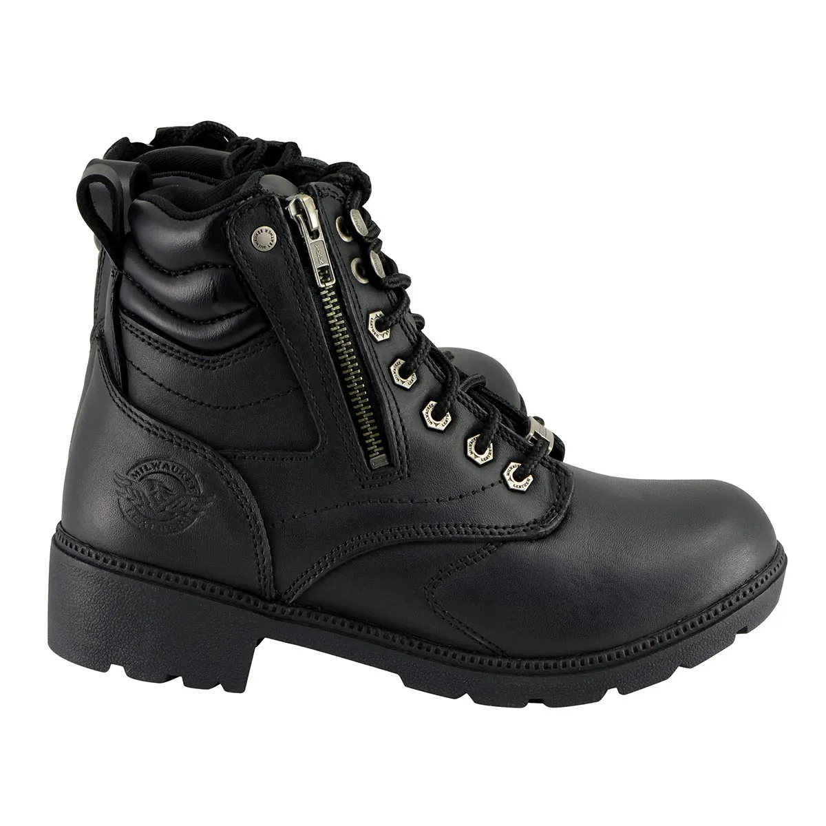 MBL9320 Women's Black Leather Lace-Up Moto Boots with Side Zipper