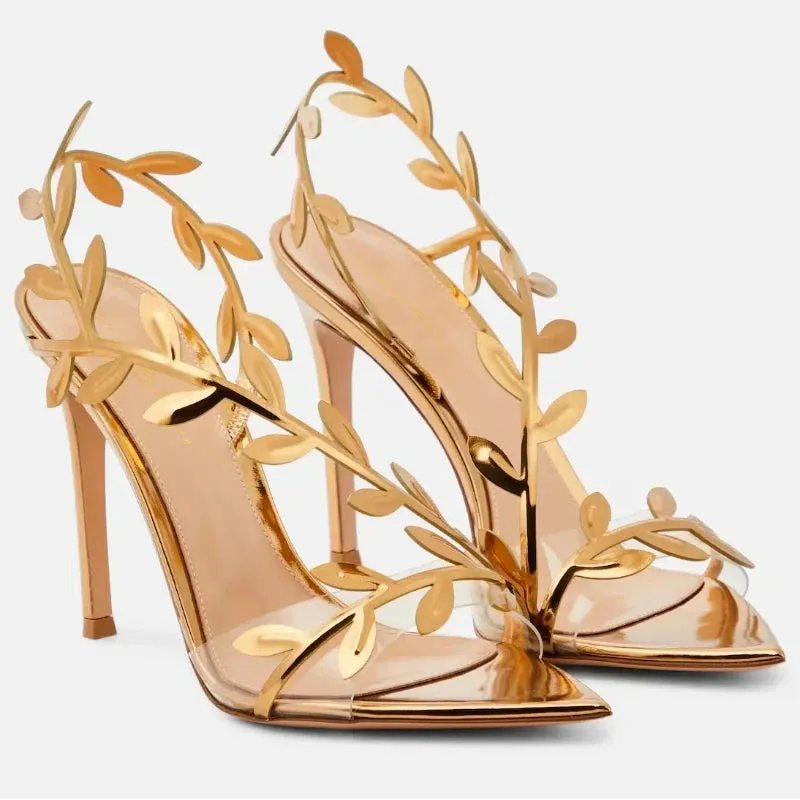 New Summer Women's Stiletto High-Heeled Sandals – Elegant Golden Branch & Jade Leaf Design, Pointed Toe, Chic Party & Evening Shoes