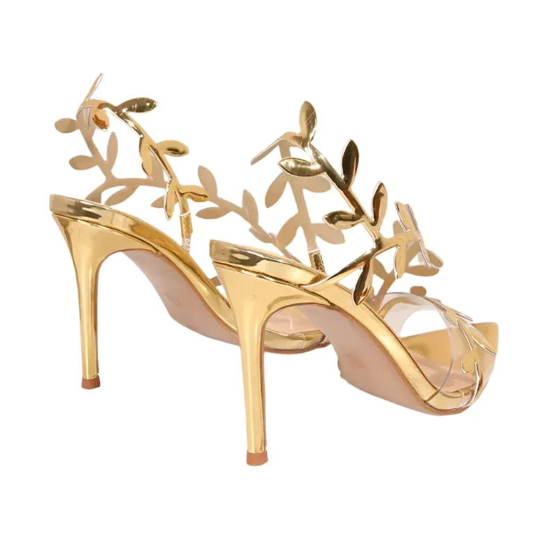 New Summer Women's Stiletto High-Heeled Sandals – Elegant Golden Branch & Jade Leaf Design, Pointed Toe, Chic Party & Evening Shoes