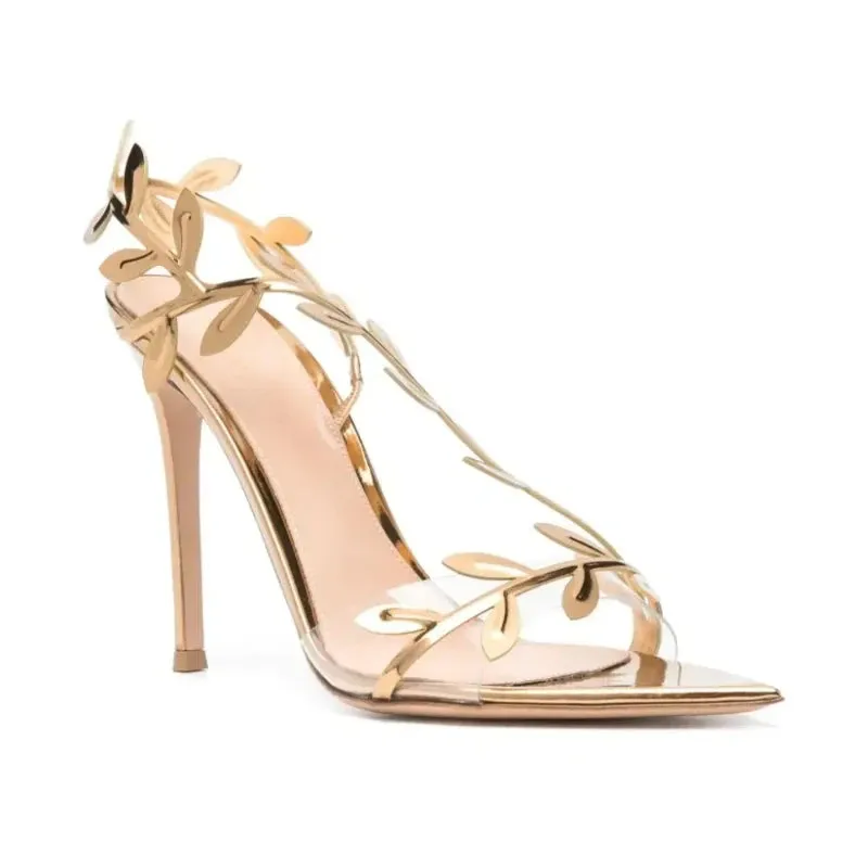 New Summer Women's Stiletto High-Heeled Sandals – Elegant Golden Branch & Jade Leaf Design, Pointed Toe, Chic Party & Evening Shoes