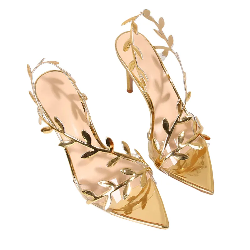 New Summer Women's Stiletto High-Heeled Sandals – Elegant Golden Branch & Jade Leaf Design, Pointed Toe, Chic Party & Evening Shoes