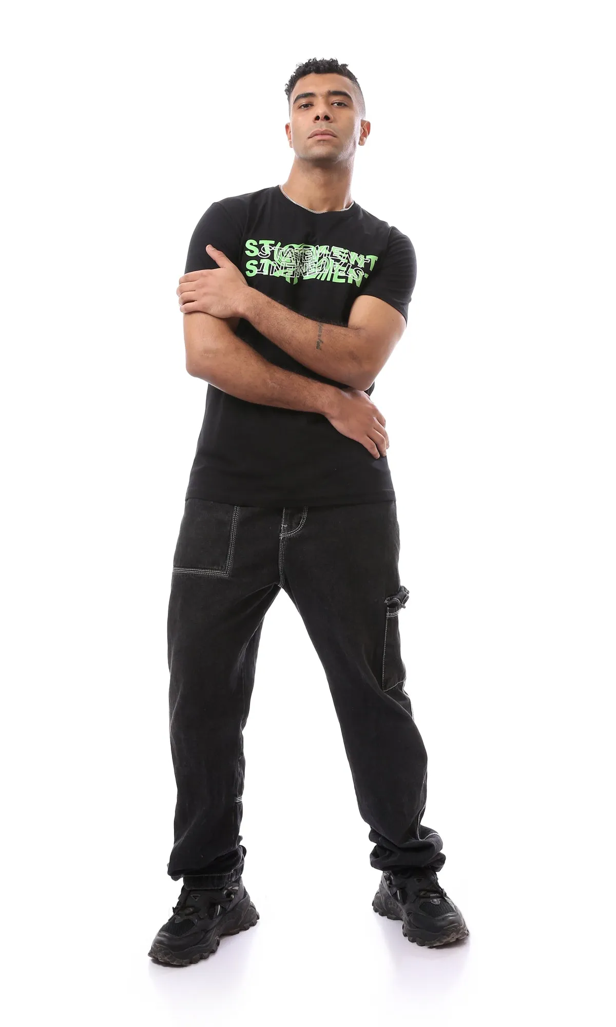 O163307 Printed "Statement" Black Short Sleeves Tee