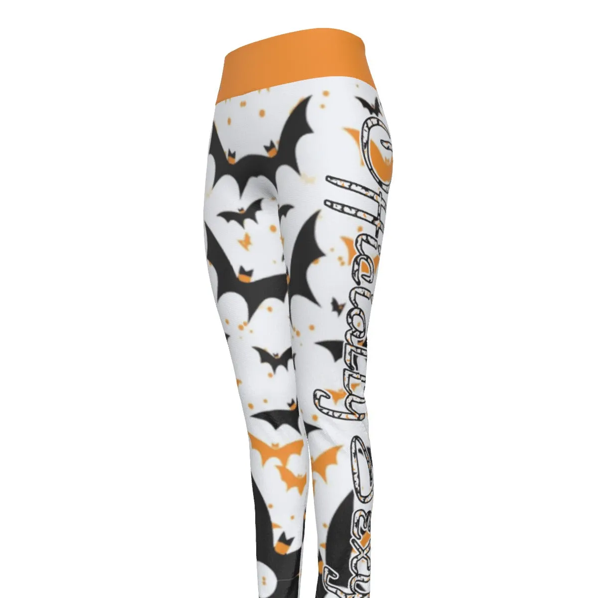 Officially Sexy Halloween Collection Black and Orange Bats Women's Orange High Waist Leggings #2 (En