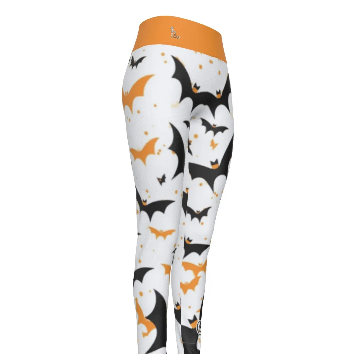 Officially Sexy Halloween Collection Black and Orange Bats Women's Orange High Waist Leggings #2 (En