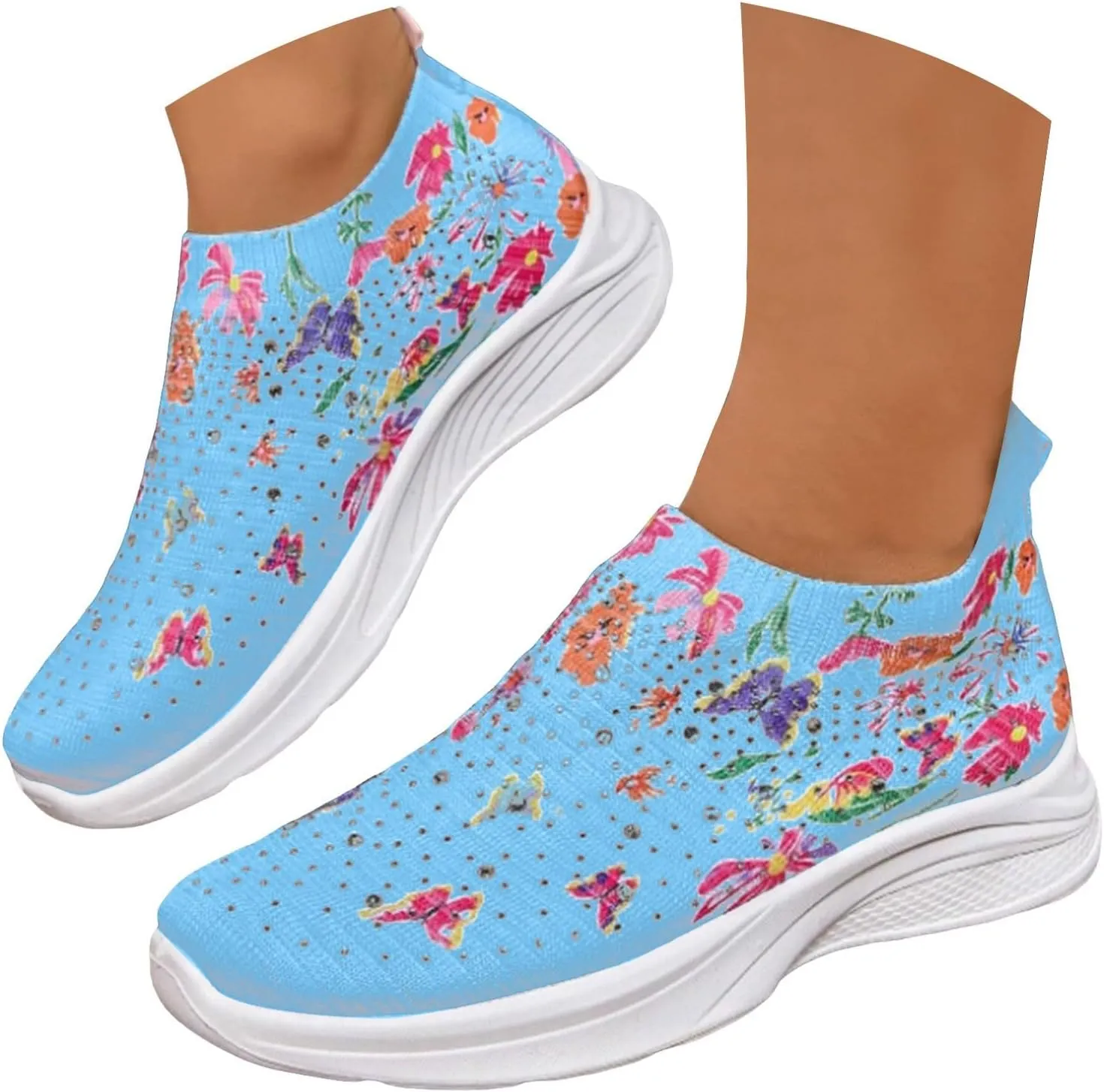 Women Rhinestone Slip On Mesh Sneakers Orthopedic Floral Print Sock Shoes Walking Running Sports Shoes,Crystal Jazz Latin Dance Shoes,Fashion Platform Sparkly Shoes