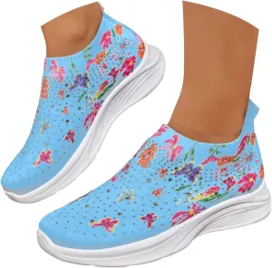 Women Rhinestone Slip On Mesh Sneakers Orthopedic Floral Print Sock Shoes Walking Running Sports Shoes,Crystal Jazz Latin Dance Shoes,Fashion Platform Sparkly Shoes