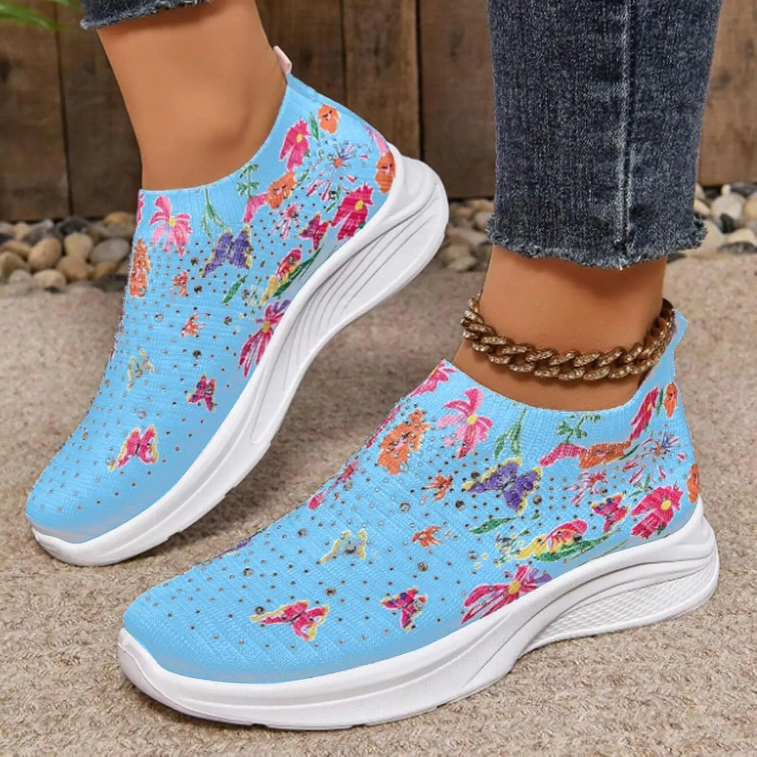 Women Rhinestone Slip On Mesh Sneakers Orthopedic Floral Print Sock Shoes Walking Running Sports Shoes,Crystal Jazz Latin Dance Shoes,Fashion Platform Sparkly Shoes