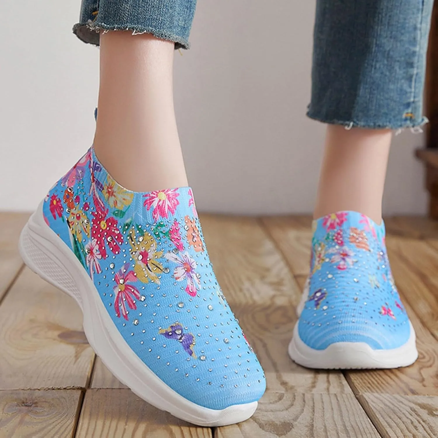 Women Rhinestone Slip On Mesh Sneakers Orthopedic Floral Print Sock Shoes Walking Running Sports Shoes,Crystal Jazz Latin Dance Shoes,Fashion Platform Sparkly Shoes