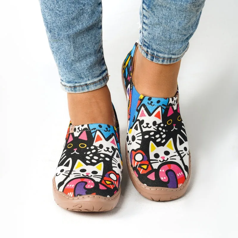 Women's Foldable Loafers, Paws Party Blue Painted Canvas Slip-On Sneakers,100% Cotton