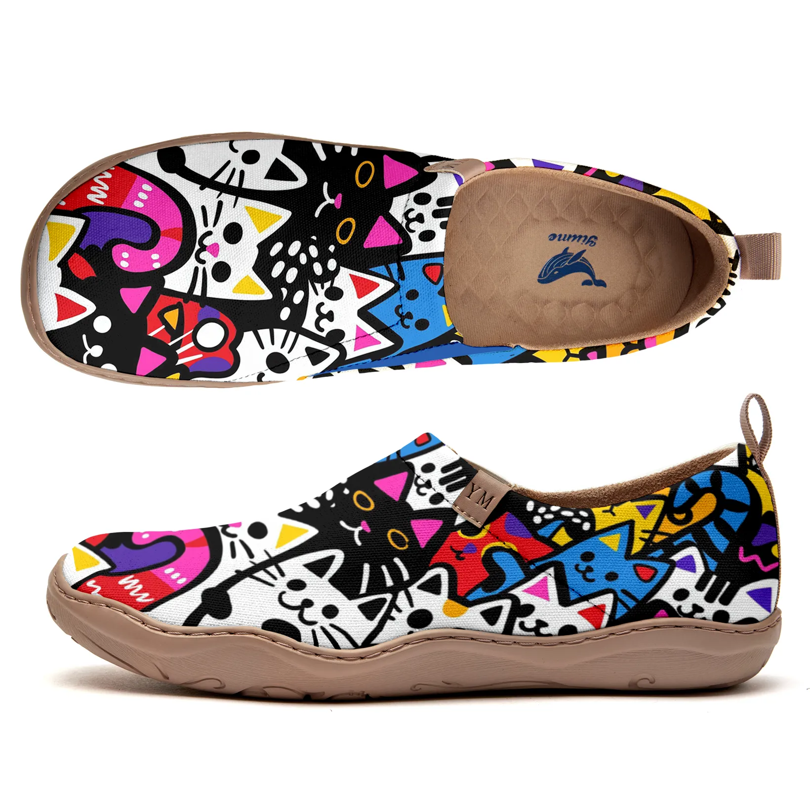 Women's Foldable Loafers, Paws Party Blue Painted Canvas Slip-On Sneakers,100% Cotton