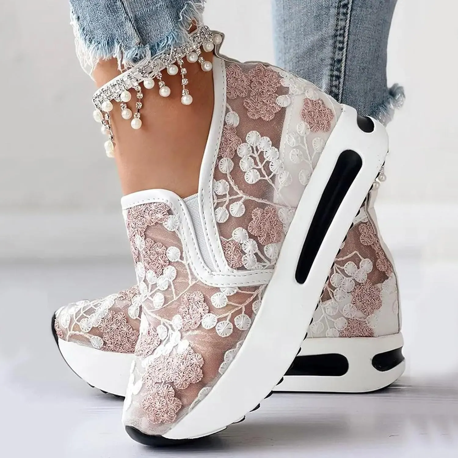 Womens Platform Wedge Sneakers Fashion Mesh Floral Embroidery Breathable Slip on Air Comfort Chunky Arch Support Walking Shoes