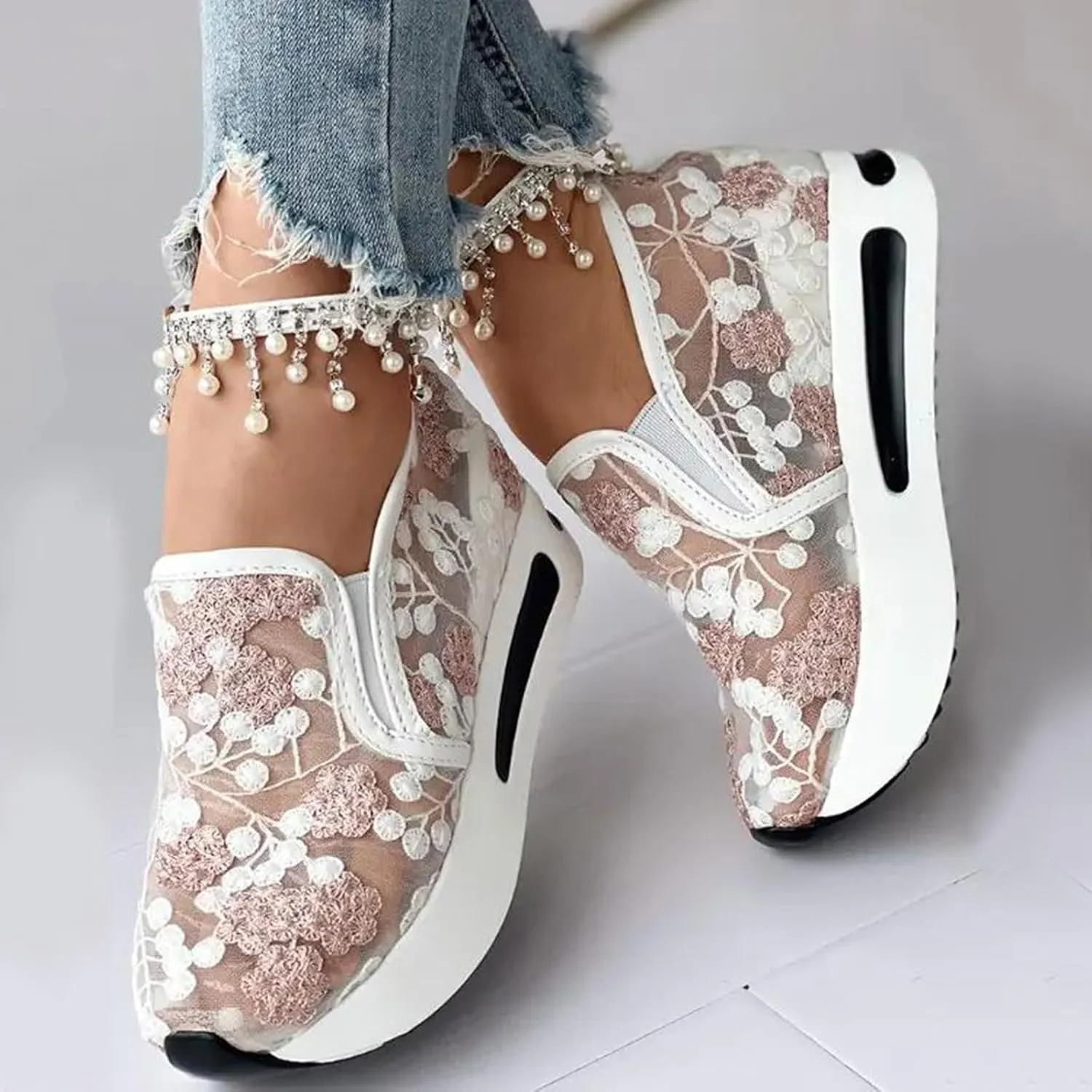 Womens Platform Wedge Sneakers Fashion Mesh Floral Embroidery Breathable Slip on Air Comfort Chunky Arch Support Walking Shoes